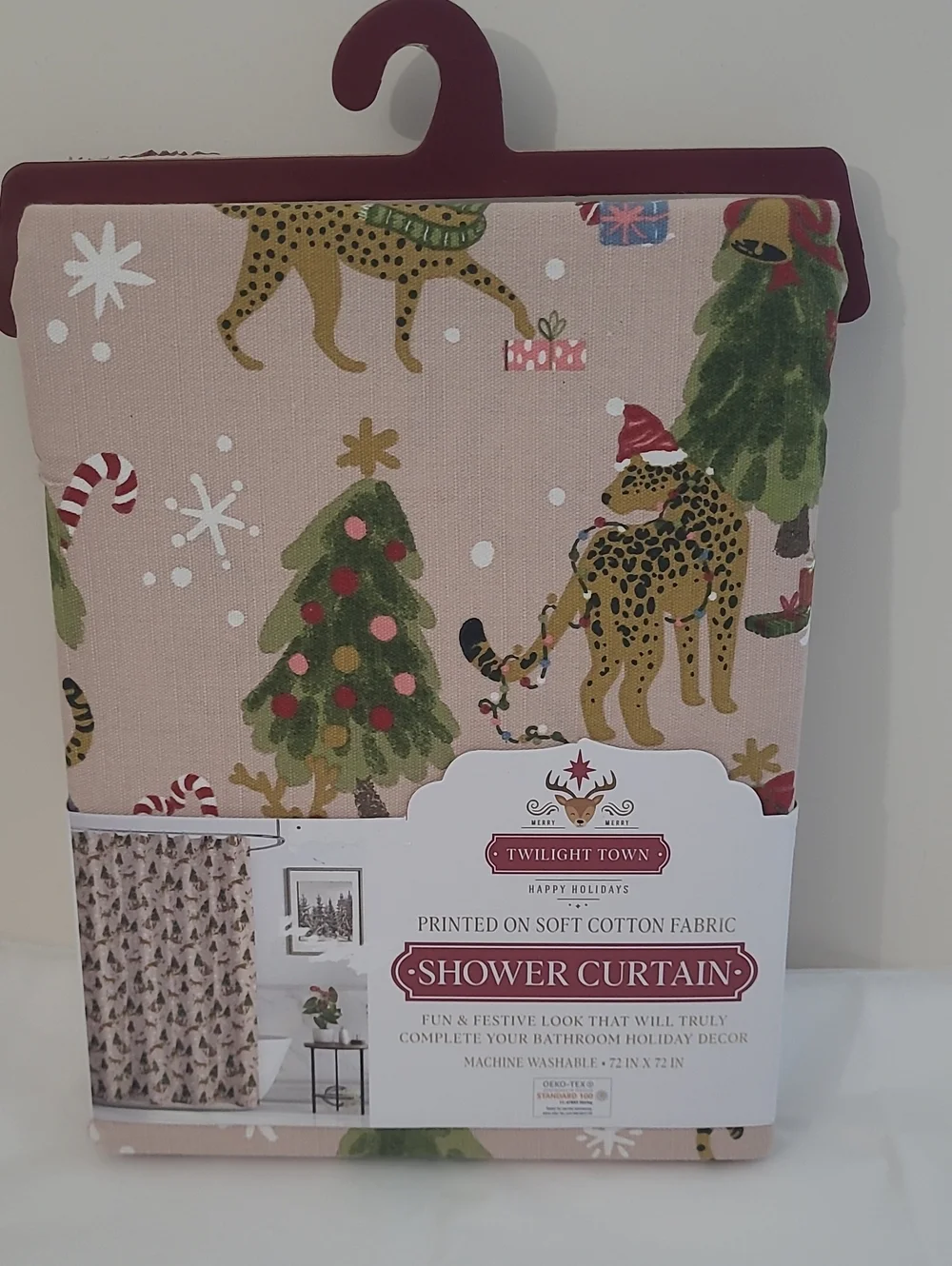 Twilight Town Holiday Leopard Shower Curtain - Rose Pink & Green